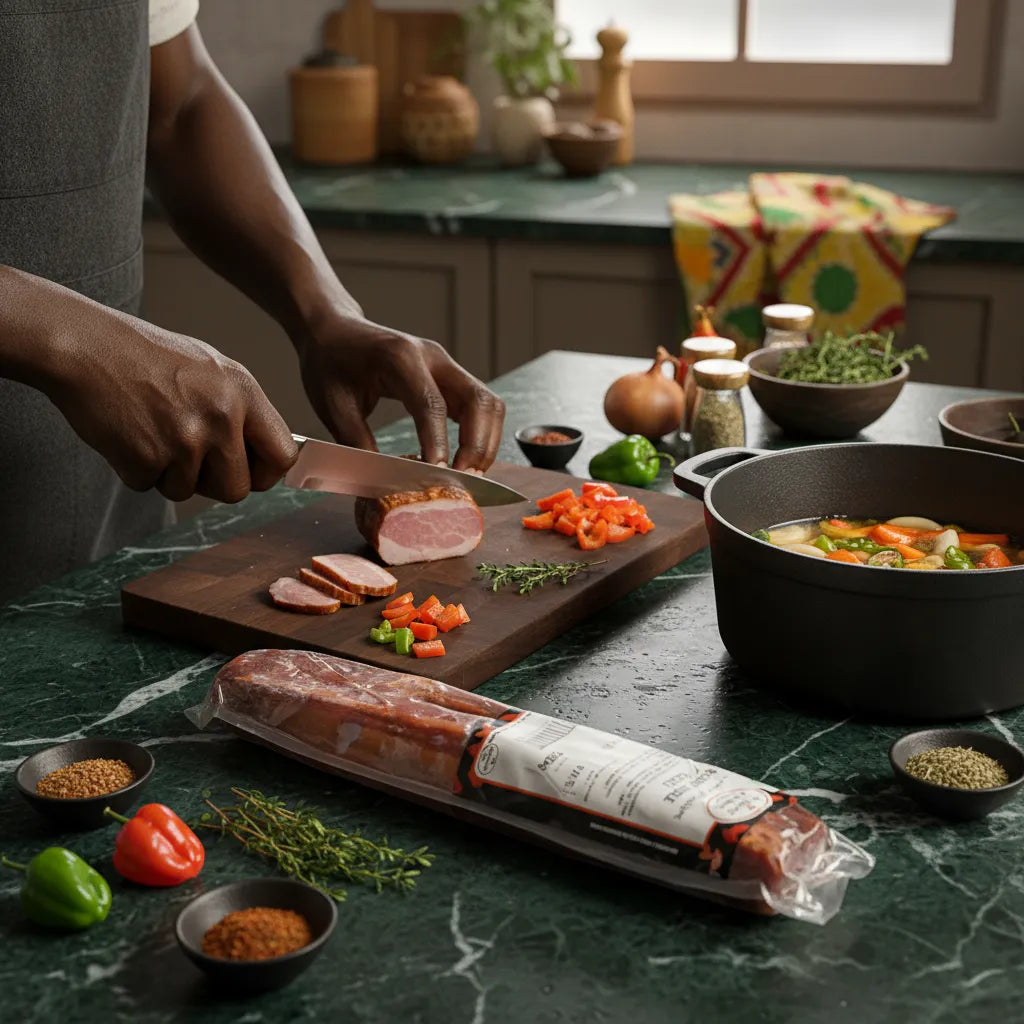 Préparation culinaire avec Boucane Créole Réunion - Salaison Traditionnelle de Bourbon, viande de porc fumée tranchée pour cuisson.