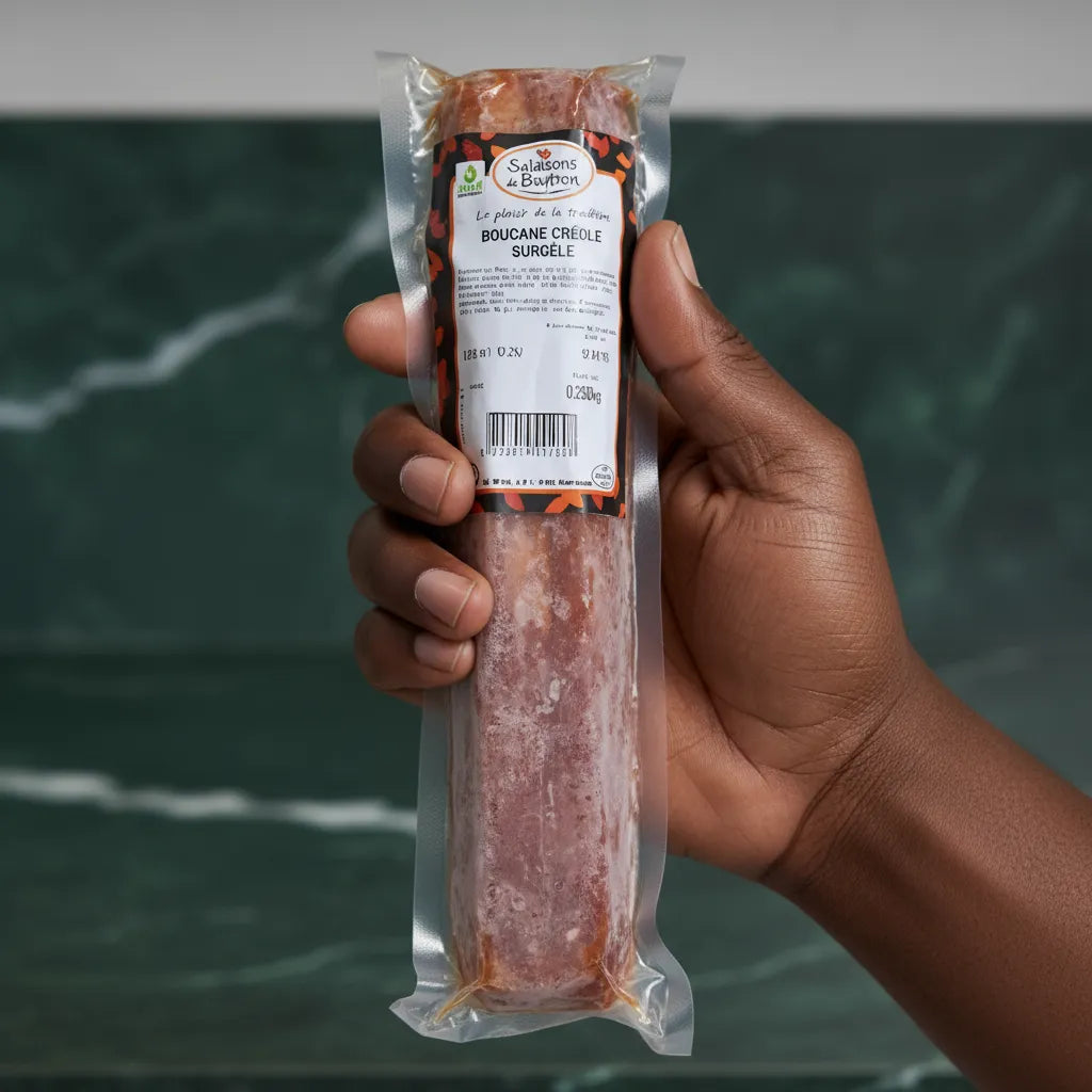 Boucane Créole Réunion - Salaison Traditionnelle de Bourbon tenu en main, viande de porc fumée surgelée de qualité artisanale.