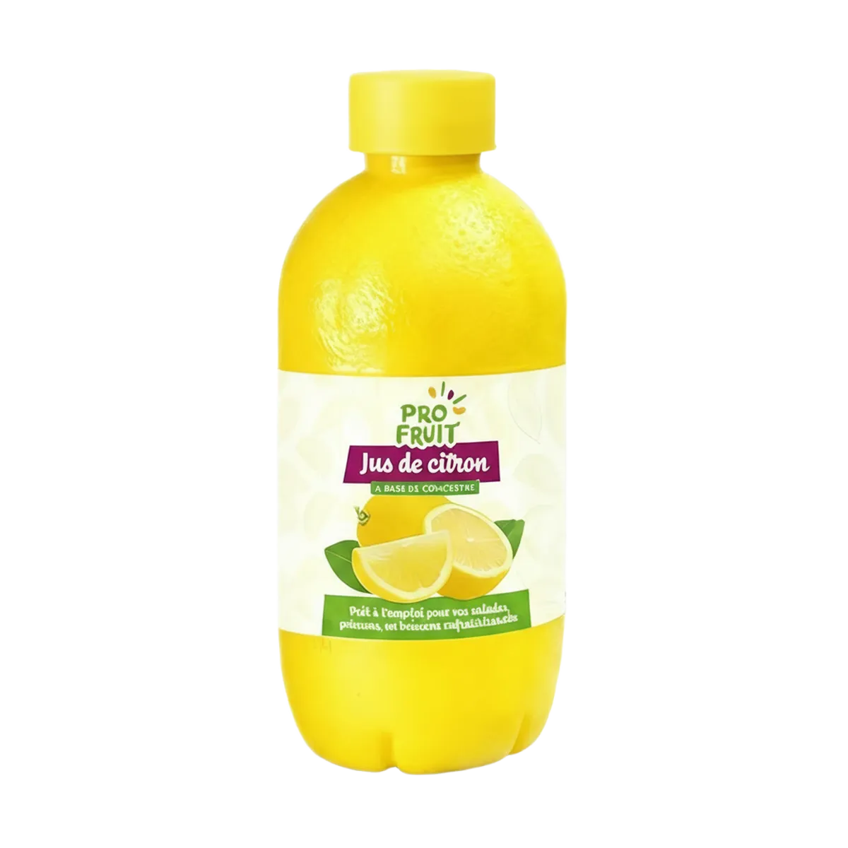 Bouteille de jus de citron concentré PROFRUIT - Saveur rafraîchissante, idéale pour la cuisine et les boissons. Emballage jaune pratique de 250 ml.