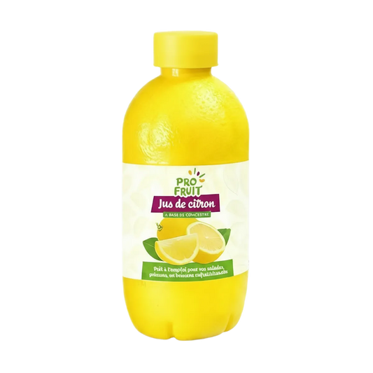 Bouteille de jus de citron concentré PROFRUIT - Saveur rafraîchissante, idéale pour la cuisine et les boissons. Emballage jaune pratique de 250 ml.