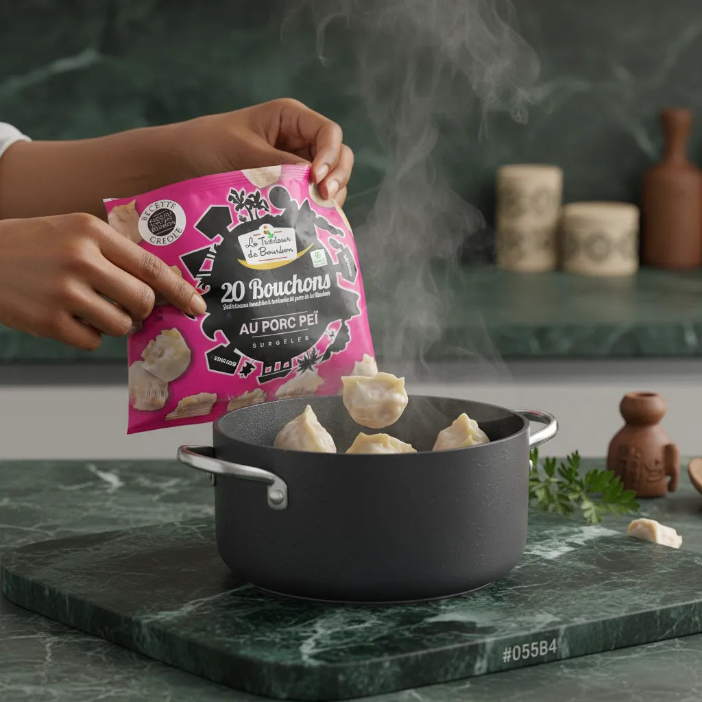 Préparation des bouchons porc LE TRAITEUR DE BOURBON dans une casserole, bouchées surgelées prêtes à cuire, texture moelleuse et savoureuse.