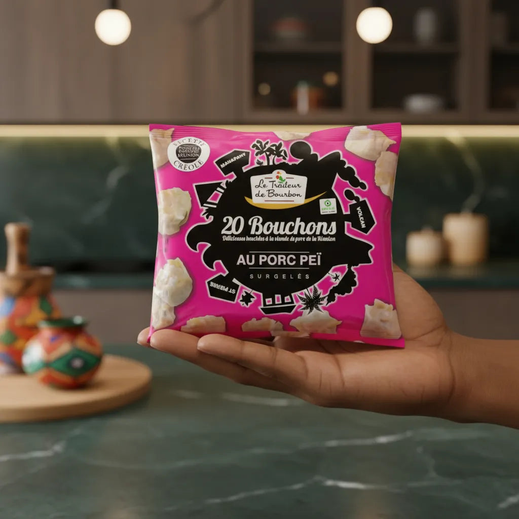 Bouchons porc LE TRAITEUR DE BOURBON tenus à la main, emballage pratique de 20 pièces, spécialité créole au porc tendre et moelleux.