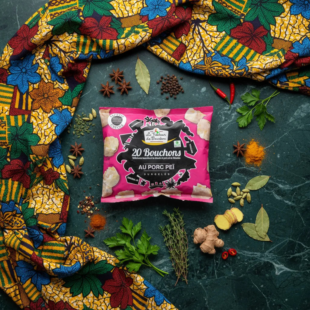 Bouchons porc LE TRAITEUR DE BOURBON entourés d'épices exotiques, spécialité réunionnaise surgelée au porc, saveurs authentiques créoles.