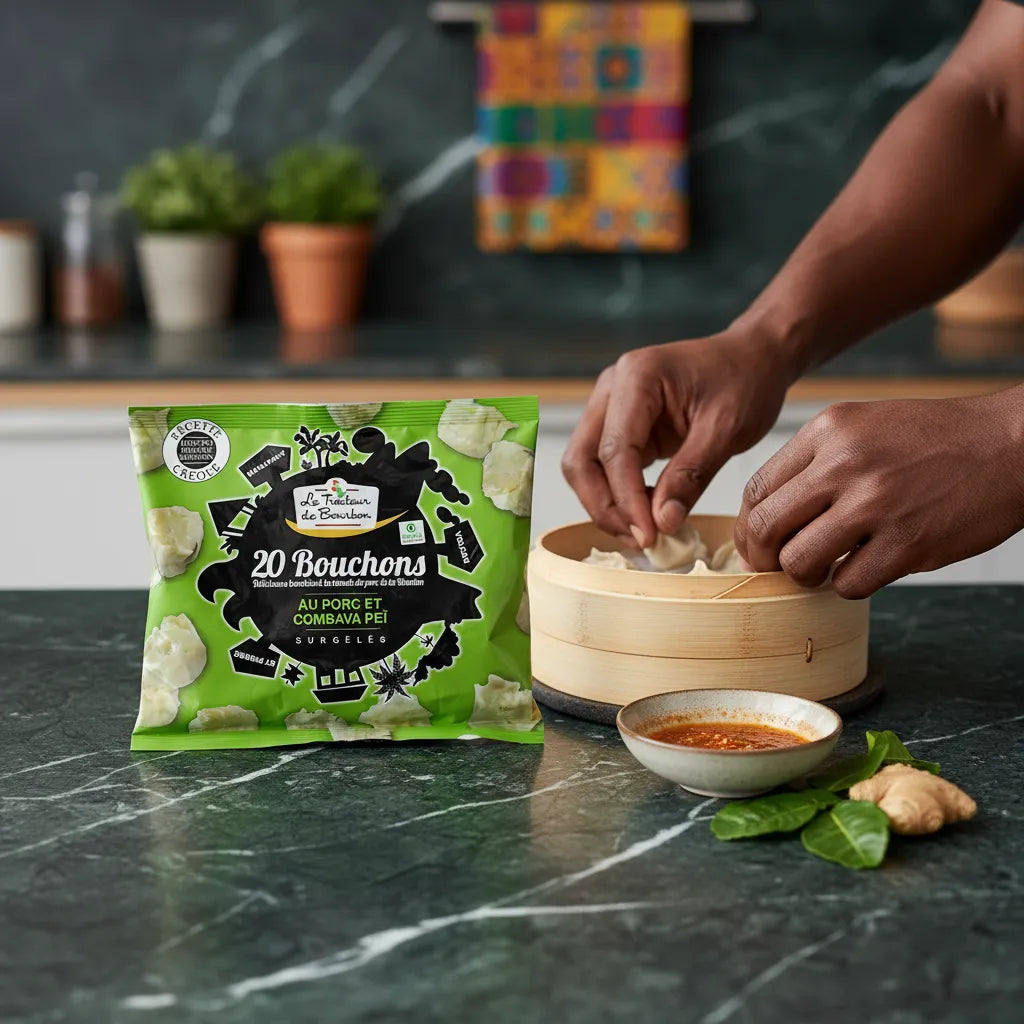 Préparation de bouchons au porc LE TRAITEUR DE BOURBON dans un panier vapeur avec sauce et feuilles de combava en cuisine.