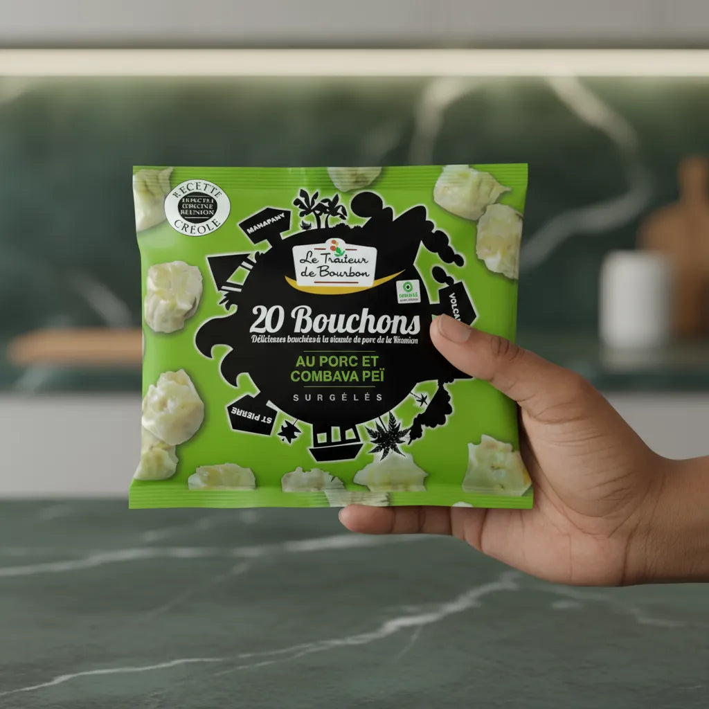 Main tenant un sachet de Bouchon Porc Combawa LE TRAITEUR DE BOURBON, produit surgelé à base de viande de porc réunionnaise.