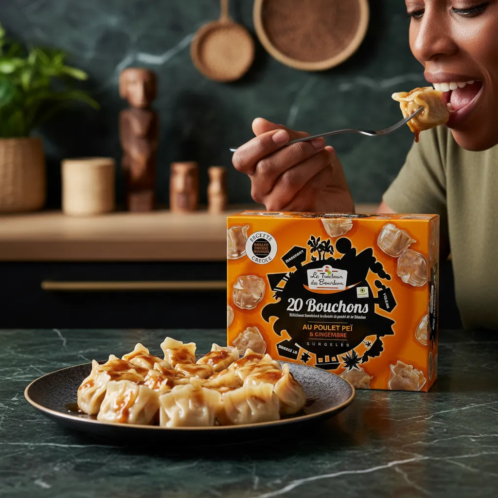 Femme dégustant les bouchons au poulet et gingembre LE TRAITEUR DE BOURBON, présentés dans leur boîte orange sur une table de cuisine.