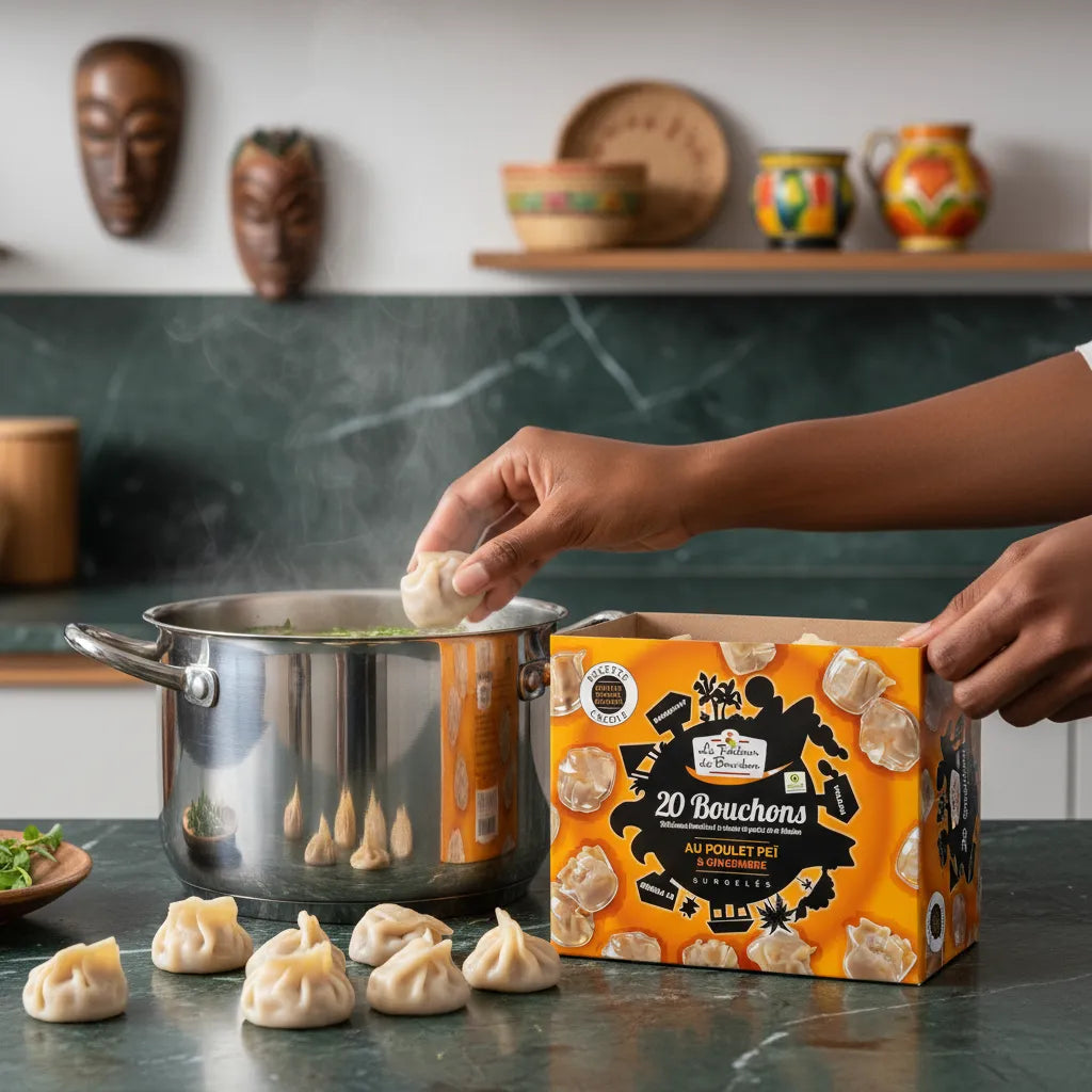 Préparation des bouchons LE TRAITEUR DE BOURBON au poulet péi et gingembre, avec cuisson à la vapeur dans une marmite en cuisine.