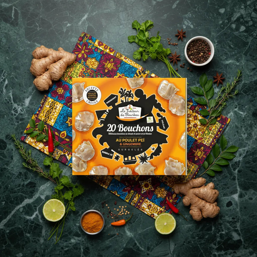 Boîte de bouchons au poulet et gingembre LE TRAITEUR DE BOURBON posée sur un tissu coloré avec ingrédients exotiques comme gingembre et citron vert.