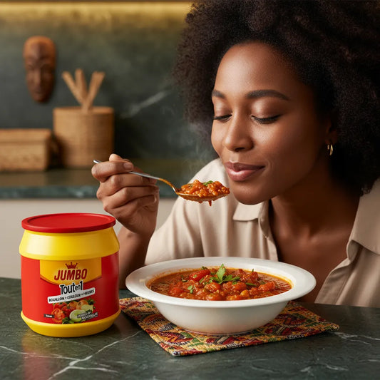 Femme dégustant un plat mijoté préparé avec Tout en 1 Tomate JUMBO, assaisonnement polyvalent à la tomate et aux herbes naturelles.