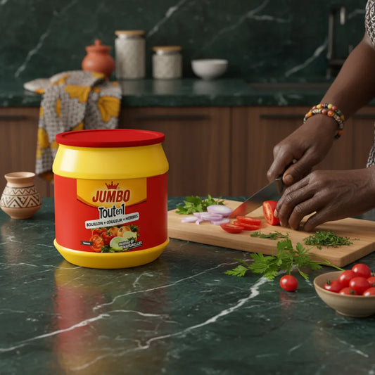 Préparation culinaire avec Tout en 1 Tomate JUMBO sur plan de travail, entouré de légumes frais pour une cuisine savoureuse et équilibrée.