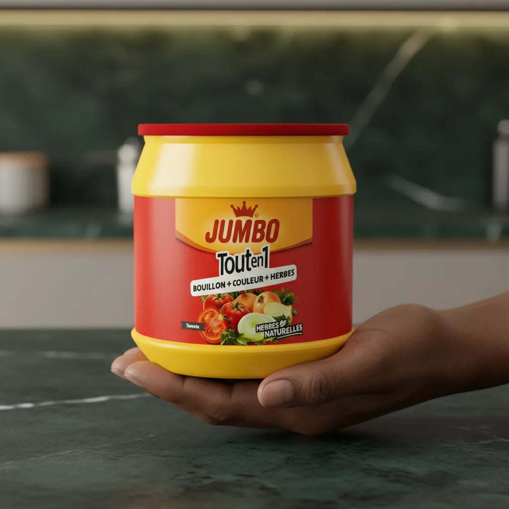 Pot de Tout en 1 Tomate JUMBO tenu à la main, assaisonnement pratique pour plats mijotés, sautés et marinades à base de tomate.