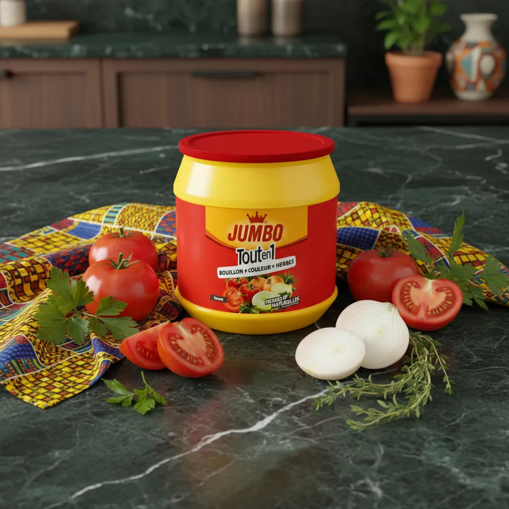 Tout en 1 Tomate JUMBO posé sur tissu coloré avec tomates, oignons et herbes fraîches, idéal pour rehausser les plats salés.