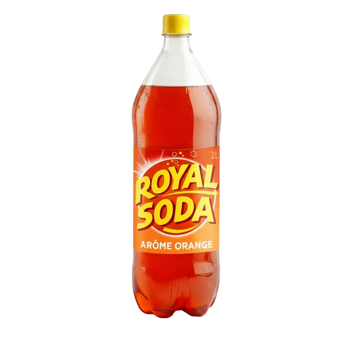 Bouteille de 2L de ROYAL SODA goût orange, soda orange naturel au design vibrant, idéale pour les amateurs de boissons rafraîchissantes.
