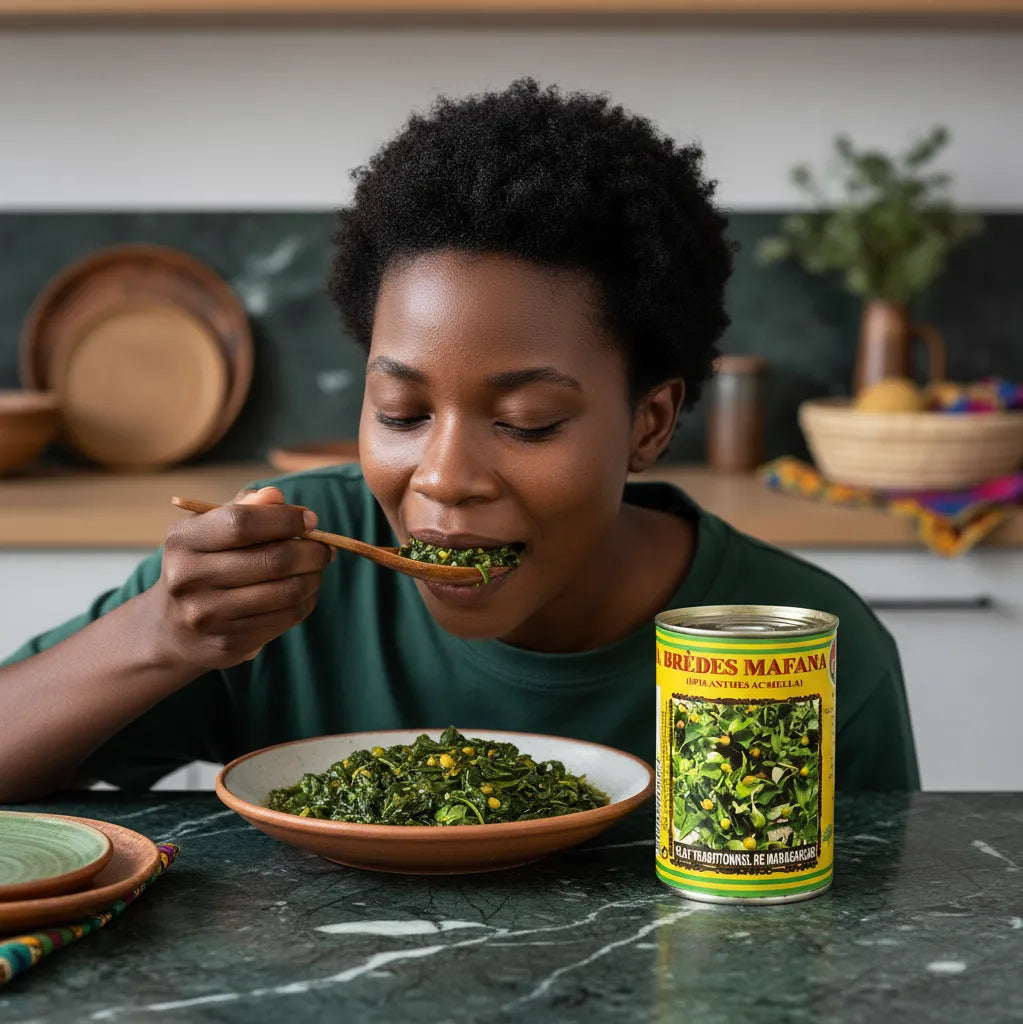 Femme dégustant un plat préparé avec des brèdes mafana CODAL, plante comestible malgache aux saveurs uniques pour cuisine maison.