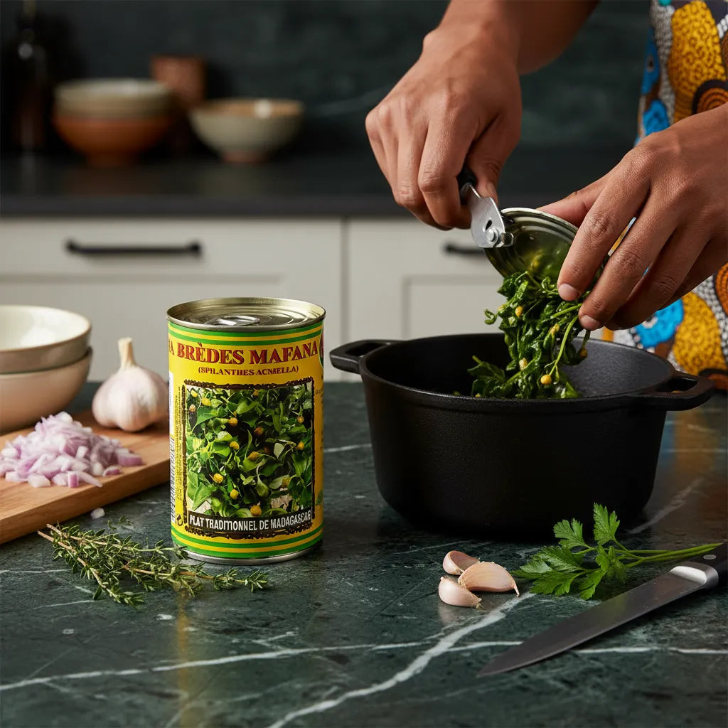 Préparation culinaire avec brèdes mafana CODAL en conserve, ingrédient traditionnel malgache pour plats savoureux et épicés.