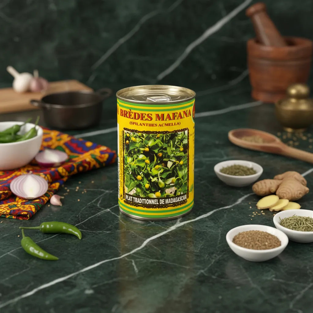 Boîte de brèdes mafana CODAL posée sur un plan de travail avec épices et légumes, parfaite pour cuisine traditionnelle malgache.
