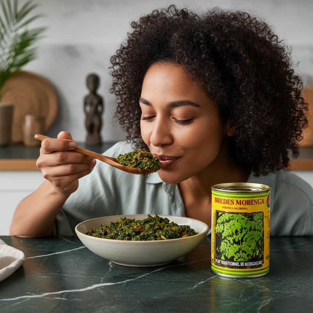 Femme dégustant un plat préparé avec les brèdes moringa CODAL, feuilles comestibles nutritives pour cuisine traditionnelle malgache en conserve.