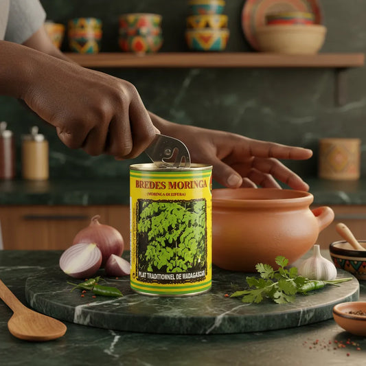 Main ouvrant une boîte de brèdes moringa CODAL sur plan de travail avec légumes frais, parfait pour plats traditionnels et sains en épicerie salée.