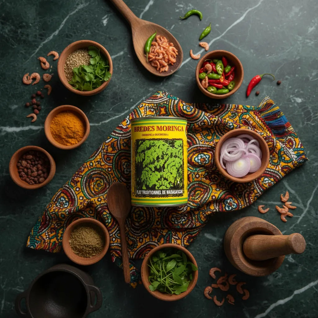 Boîte de brèdes moringa CODAL entourée d'ingrédients exotiques sur tissu coloré, idéale pour recettes malgaches riches en saveurs et nutrition.