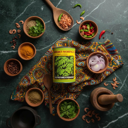 Boîte de brèdes moringa CODAL entourée d'ingrédients exotiques sur tissu coloré, idéale pour recettes malgaches riches en saveurs et nutrition.