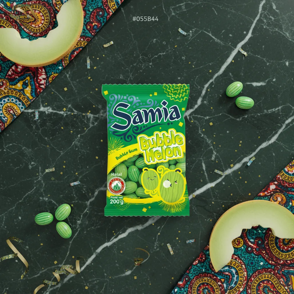 Sachet de bonbons Melon Halal SAMIA posé sur une table décorée, confiseries fruitées idéales pour l'épicerie sucrée halal.