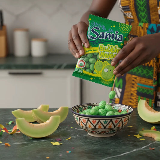 Versement de bonbons Melon Halal SAMIA dans un bol décoratif, confiseries fruitées parfaites pour l'épicerie sucrée halal.