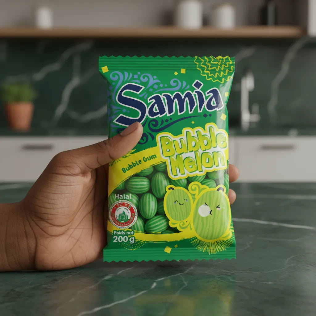 Main tenant un sachet de bonbons Melon Halal SAMIA, confiserie fruitée certifiée halal, idéale pour les amateurs de douceurs sucrées.
