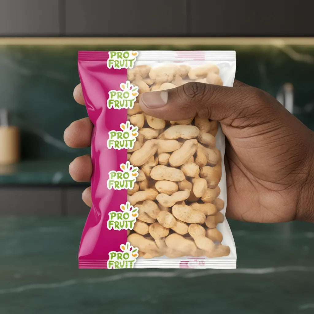 Paquet d’arachides fraîches Pro Fruit tenu en main, parfait pour un achat en ligne de fruits secs croquants et sains.