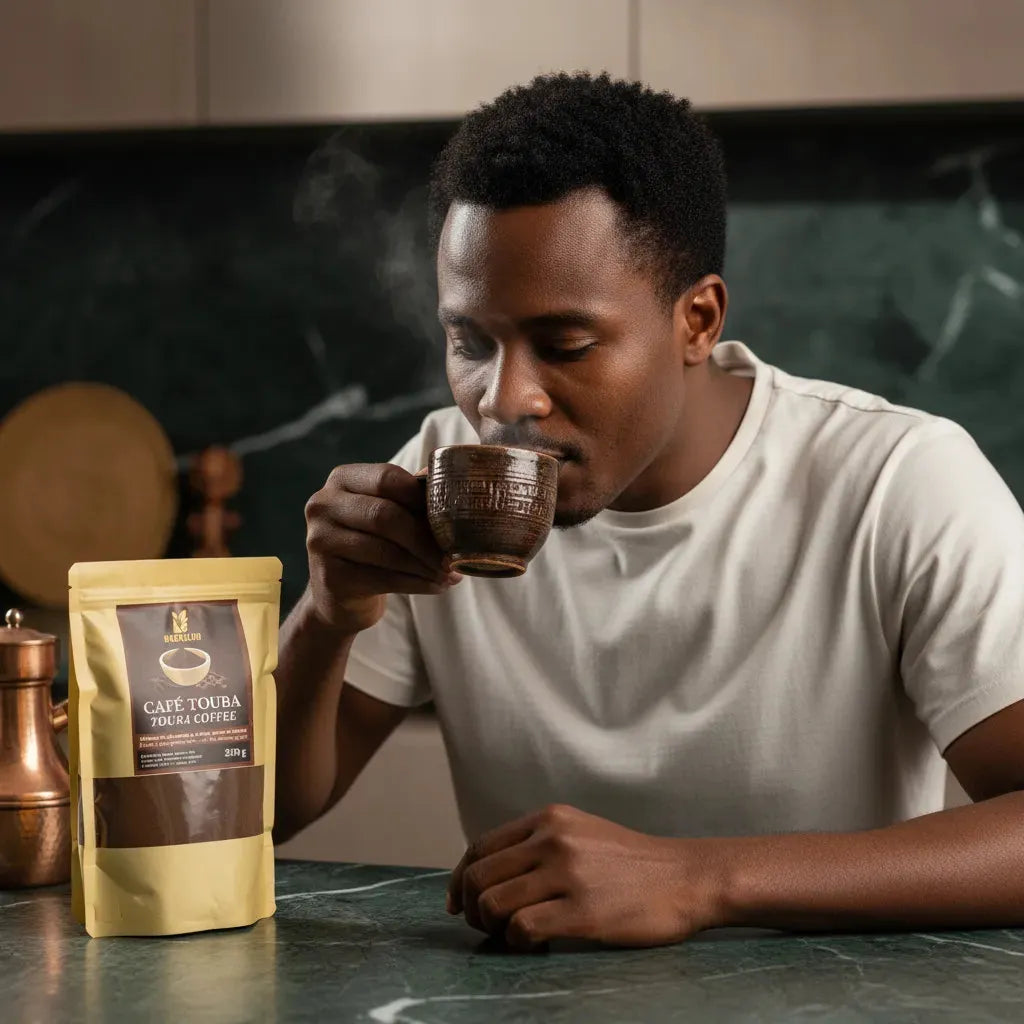 Homme dégustant une tasse de Café Touba BARKELOU dans une cuisine moderne, mettant en valeur la richesse aromatique du café touba traditionnel.