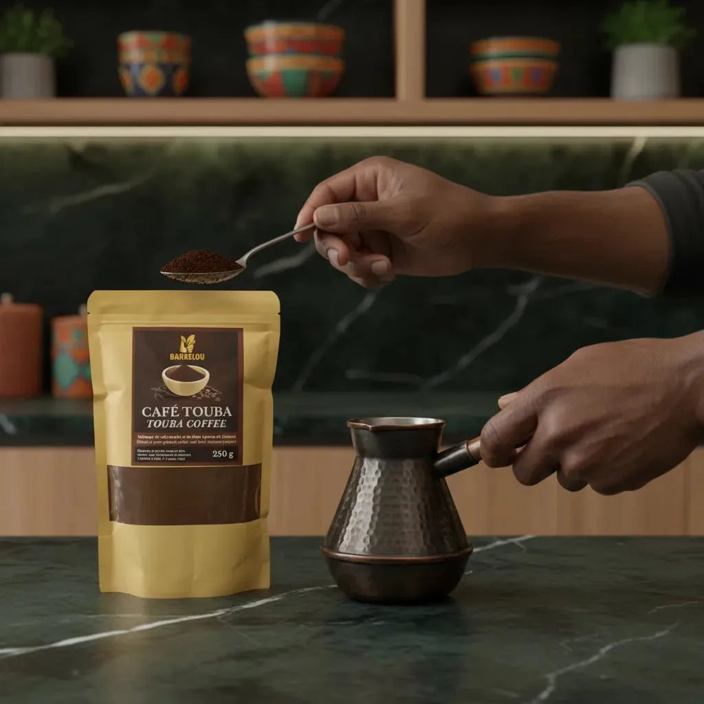 Préparation du Café Touba BARKELOU avec une cuillère de café moulu versée dans une cafetière orientale, soulignant l'authenticité de la tradition sénégalaise.