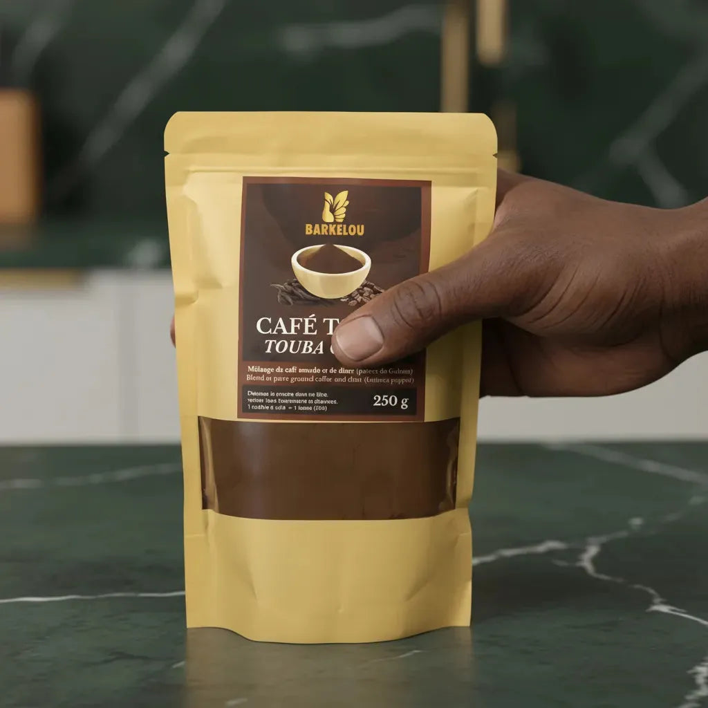 Main tenant un paquet de Café Touba BARKELOU 250g, café aromatisé au poivre de Guinée, parfait pour les amateurs de café fort et épicé.