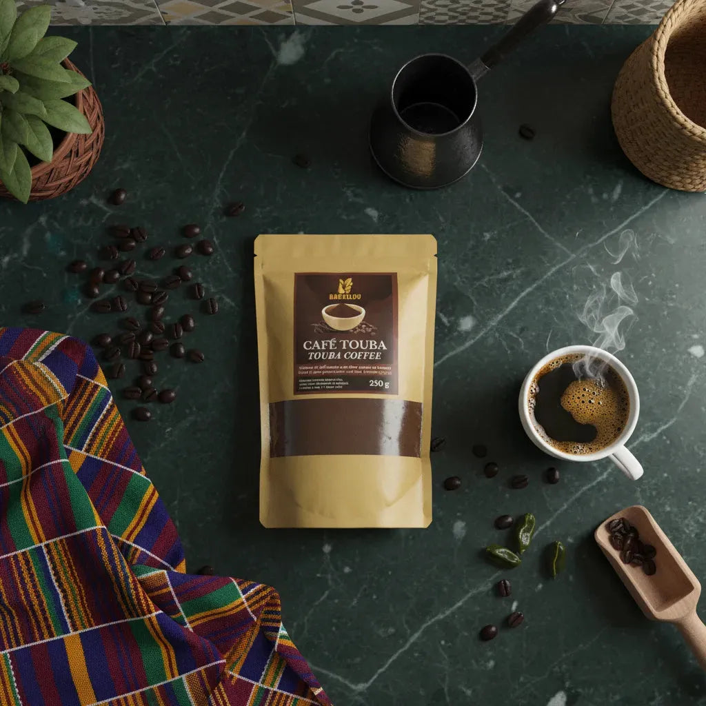 Café Touba BARKELOU 250g posé sur une table avec grains de café, tasse fumante et tissu africain, illustrant une ambiance traditionnelle et chaleureuse.