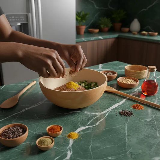 Utilisation culinaire de la Calebasse Africaine naturelle pour mélanger des épices, accessoire traditionnel en cuisine africaine.