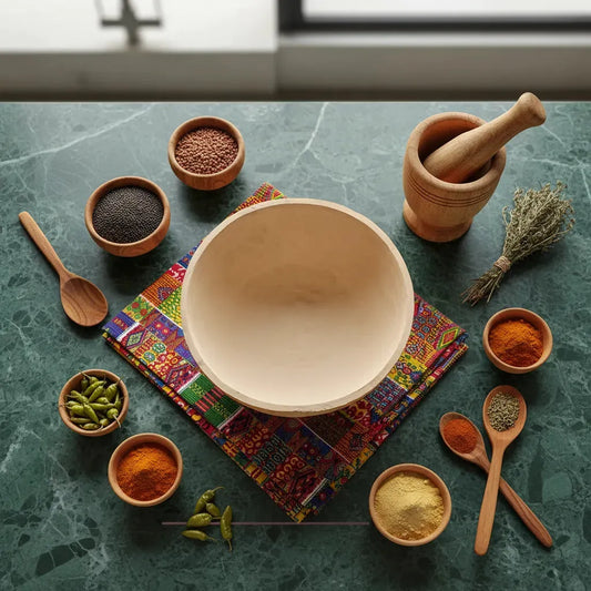 Calebasse Africaine naturelle posée sur une table avec épices et ustensiles, accessoire de cuisine traditionnel et décoratif.
