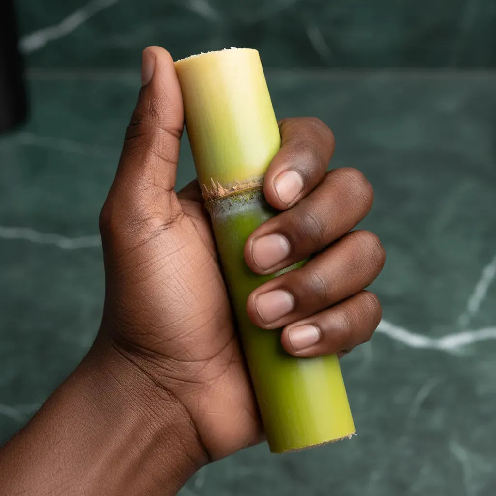 Main tenant un morceau de canne à sucre naturelle, riche en sucre, parfait pour une consommation directe ou des préparations culinaires sucrées.