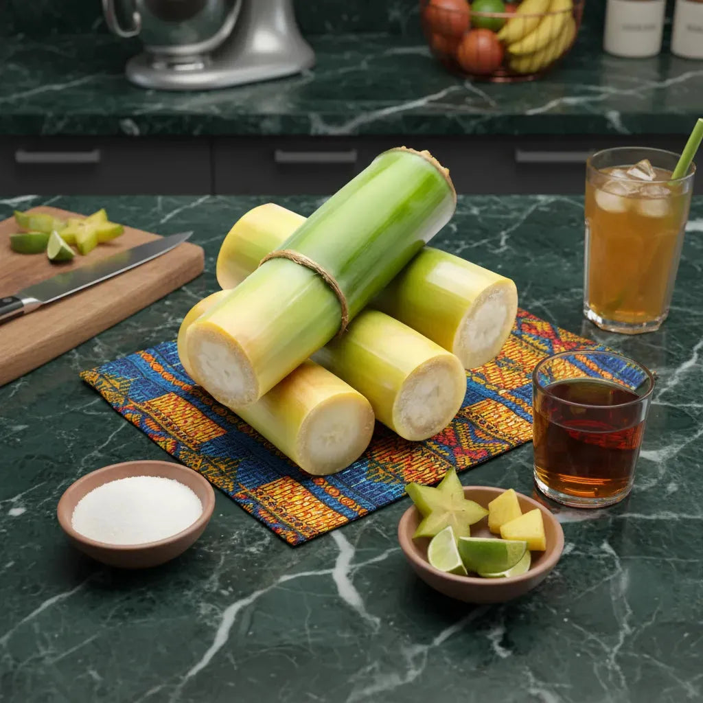 Tronçons de canne à sucre naturelle sur une table de cuisine avec citron vert, sucre et boissons. Ingrédient sucré polyvalent pour recettes maison.