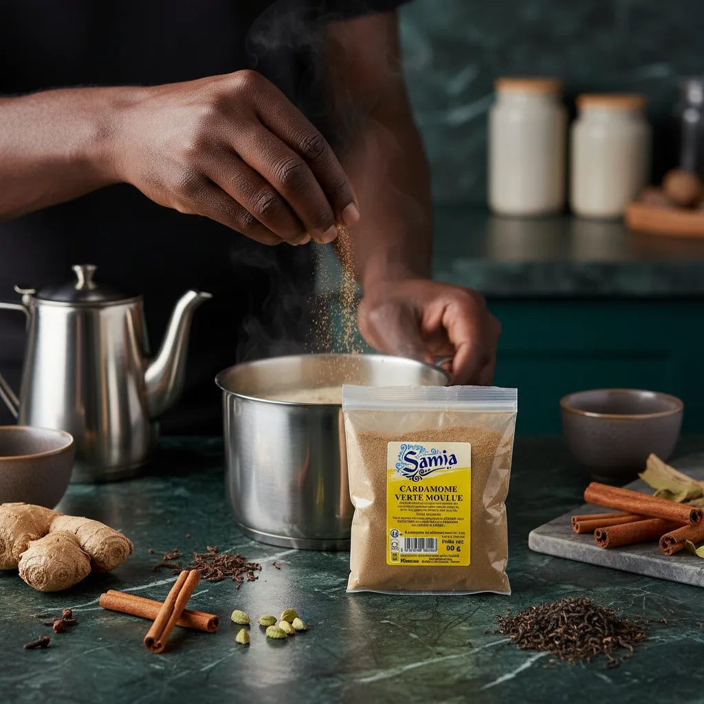 Utilisation de la Cardamome Moulue SAMIA dans une recette, épice verte moulue idéale pour plats mijotés et boissons chaudes. Épicerie salée premium.