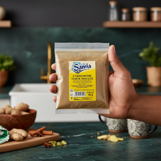 Cardamome Verte Moulue SAMIA tenue en main, sachet de 50g parfait pour assaisonner plats et desserts. Épice aromatique en épicerie salée.