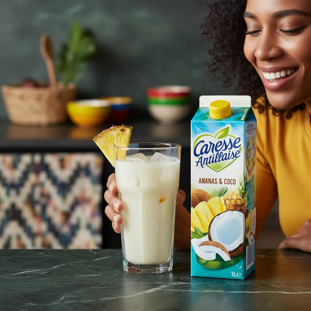 Femme souriante dégustant un verre de Nectar Ananas Coco Caresse Antillaise avec tranche d’ananas. Boisson idéale pour un moment de détente exotique.
