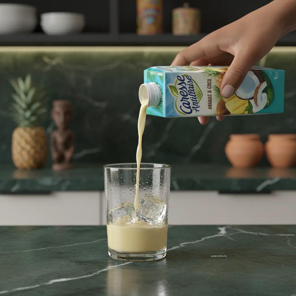 Main versant du Nectar Ananas Coco Caresse Antillaise sur glaçons dans un verre. Boisson onctueuse aux saveurs tropicales d’ananas et coco.
