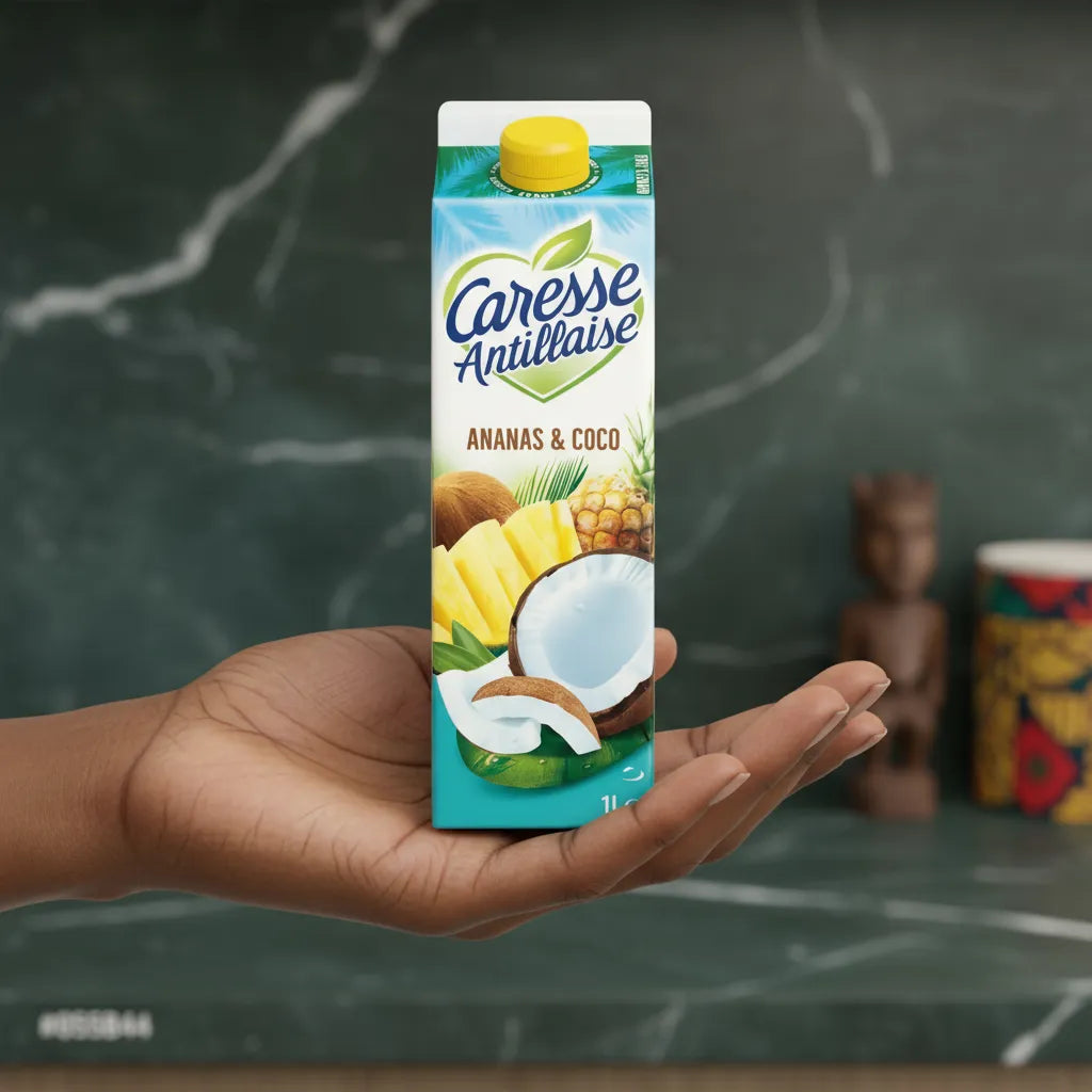 Main tenant une brique de Nectar Ananas Coco Caresse Antillaise 1L. Boisson fruitée alliant douceur de la coco et fraîcheur de l’ananas.