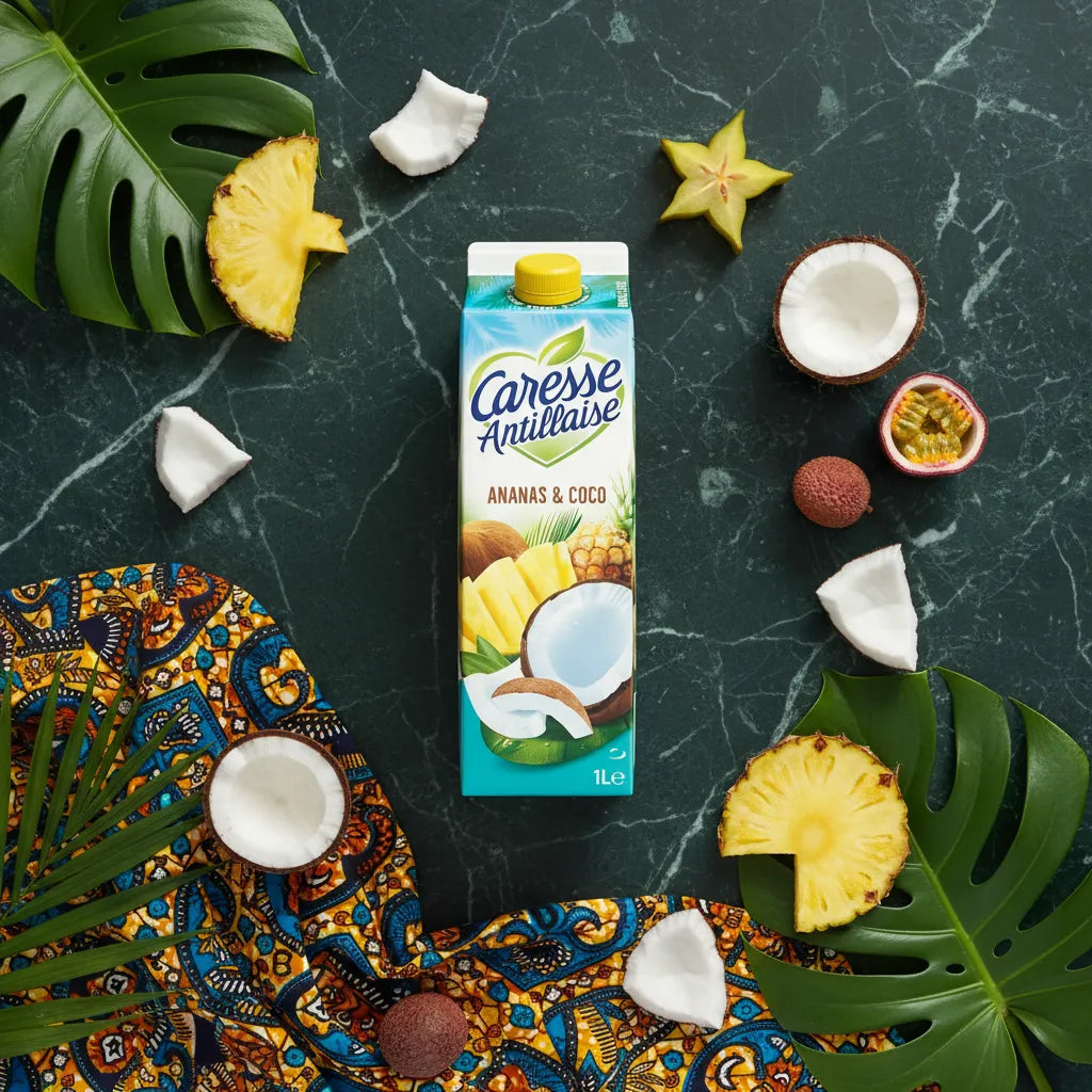 Brique de Nectar Ananas Coco Caresse Antillaise entourée de fruits tropicaux et feuilles exotiques. Boisson gourmande à l’ambiance antillaise.