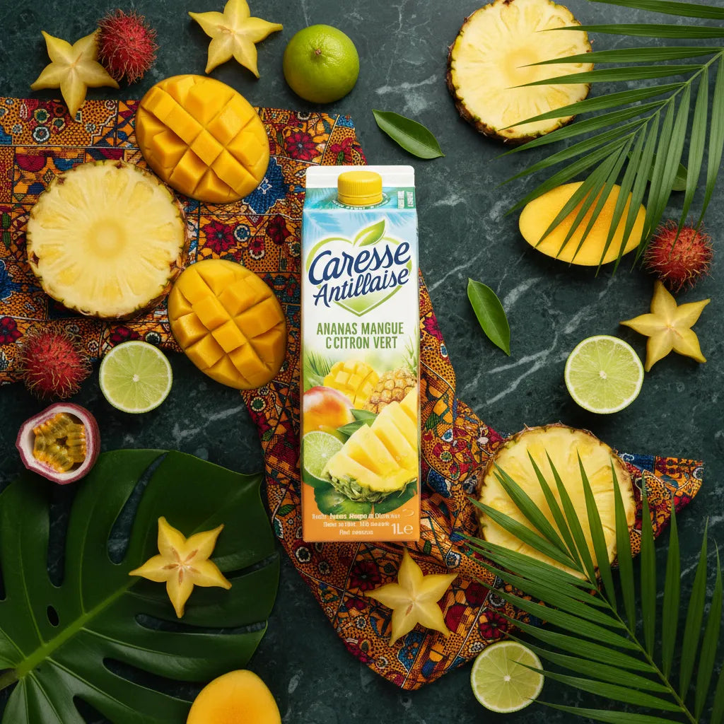Brique de nectar Caresse Antillaise Ananas Mangue Citron Vert entourée de fruits tropicaux frais, boisson gourmande et naturelle pour l'été.