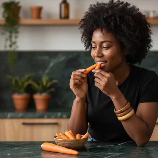 Femme dégustant des carottes croquantes bio, collation saine et naturelle, parfaite pour une alimentation équilibrée au quotidien.