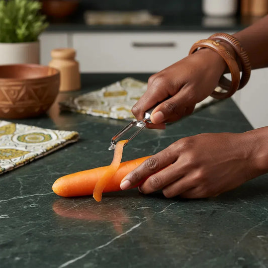 Épluchage d'une carotte croquante bio sur plan de travail, préparation facile pour plats équilibrés et riches en vitamines.