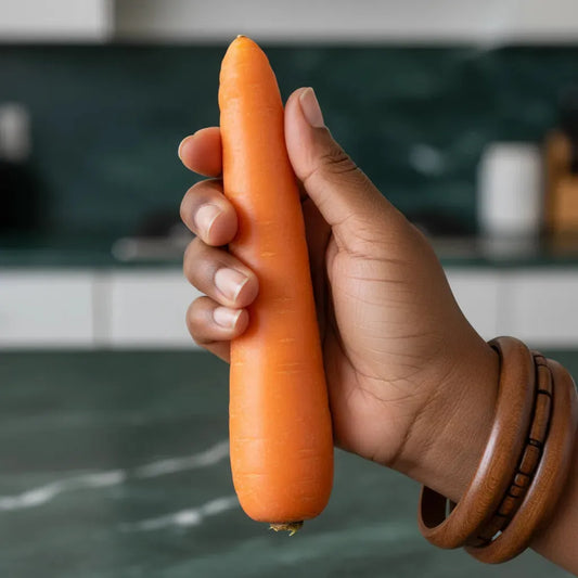 Main tenant une carotte croquante bio, légume frais et nutritif, parfait pour salades, soupes et plats sucrés-salés.