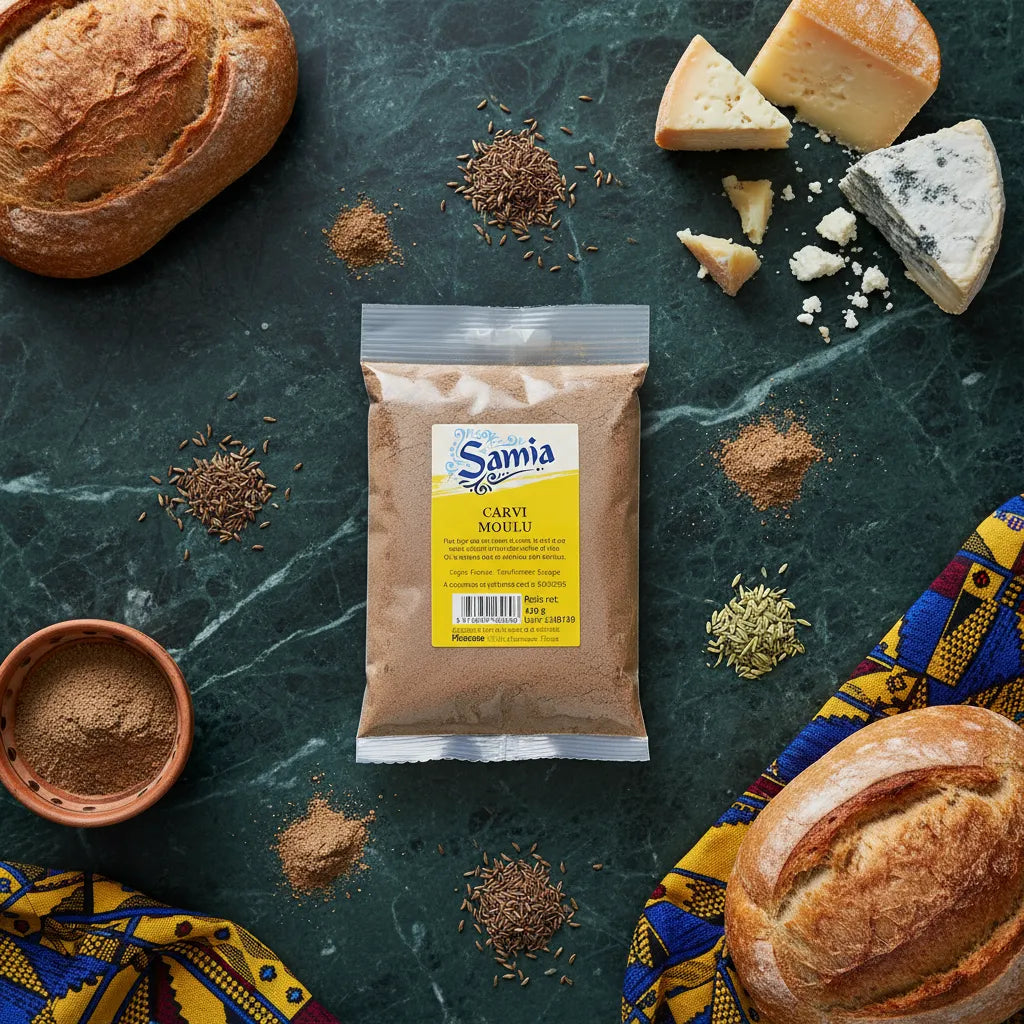 Sachet de Carvi moulu SAMIA entouré de pain, fromages et graines, parfait pour l'épicerie salée et les recettes traditionnelles.