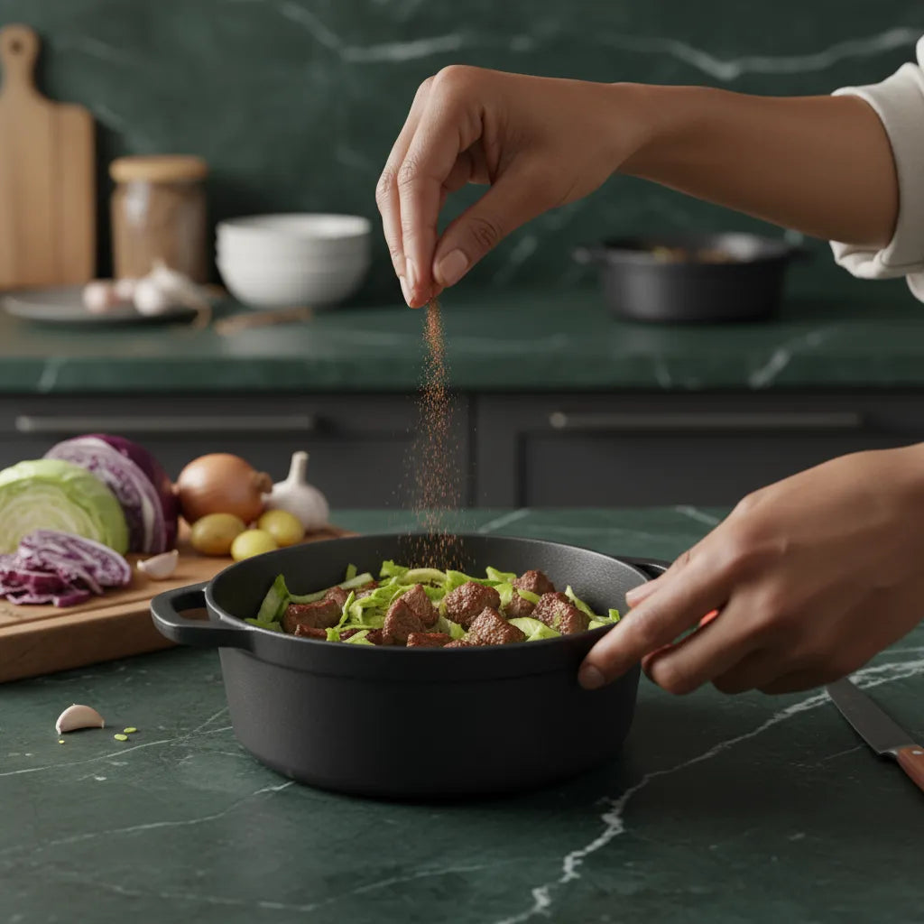 Main saupoudrant du Carvi moulu SAMIA sur un plat mijoté, épice anisée en poudre pour sublimer les plats salés.