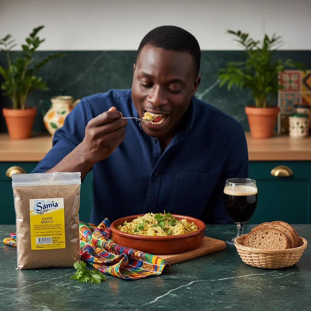 Homme dégustant un plat assaisonné avec Carvi moulu SAMIA - Poudre Carvi Moulu, épice anisée pour rehausser les saveurs.