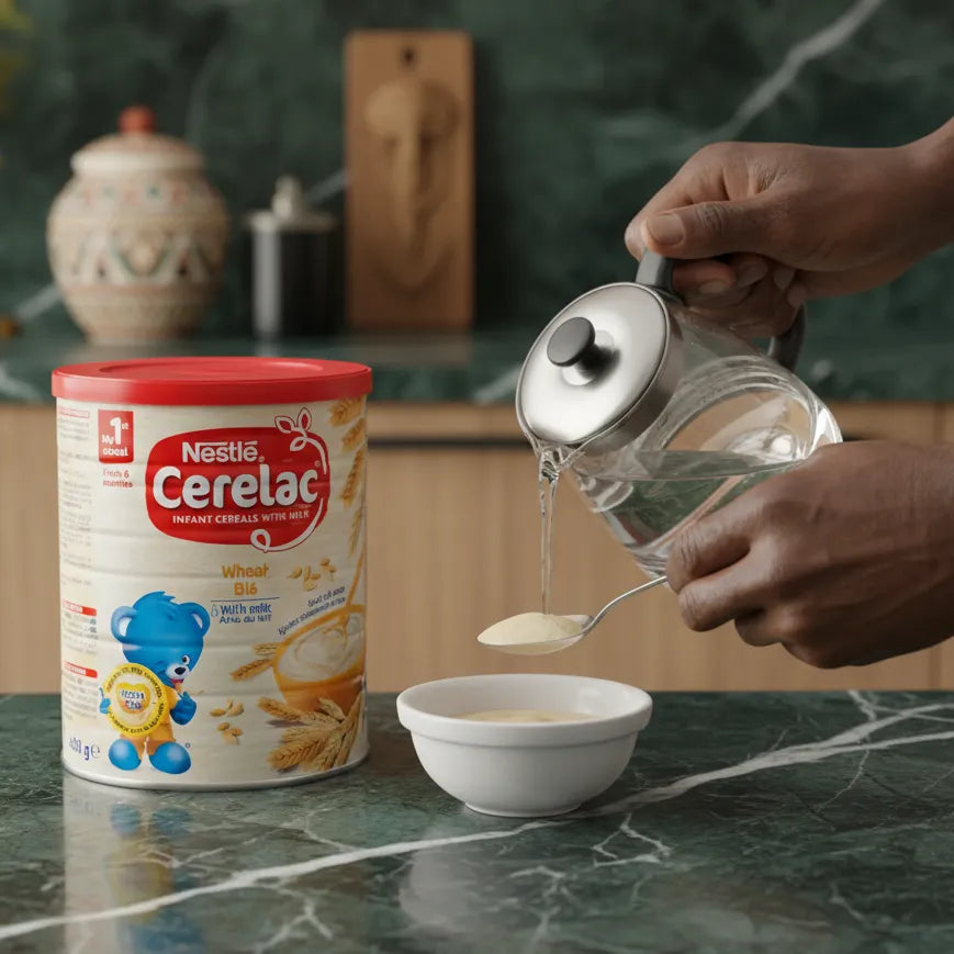 Préparation de Cerelac blé et lait Nestlé avec eau chaude versée dans un bol, céréales nourrissantes pour bébé dès 6 mois.